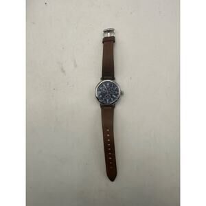 Timex Chronograph Watch Blue Dial Brown Leather Strap For Parts / Repair